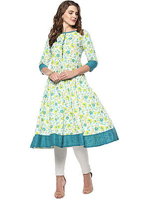 Women White With Blue Printed Kurtis