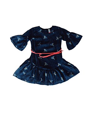 Girls frill bottom layers navy dress with belt