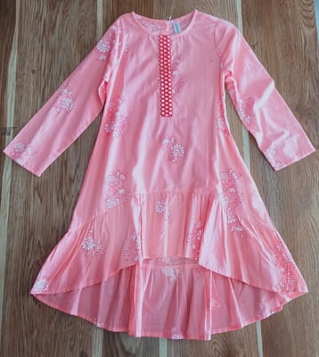 Girls Flower Printed Lace Yoke Frill Layer Hem Kurtis
