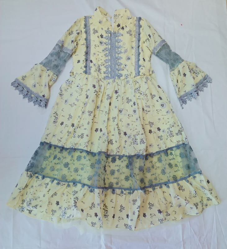 Girls Grey Print Yellow Long Fancy Frock Girls Grey Print Yellow Long Fancy Frock