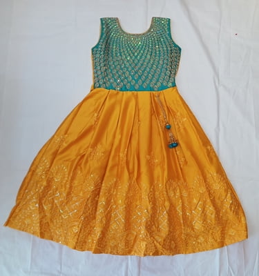 Girls Green With Yellow Print Long Fancy Frock