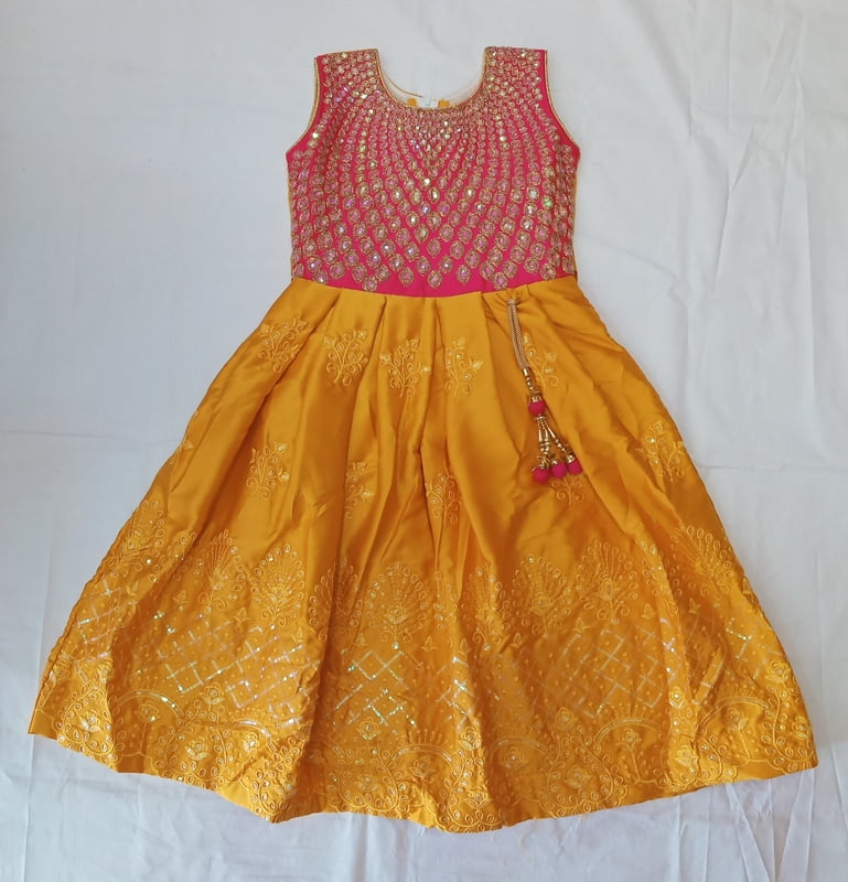 Girls Pink With Yellow Long Fancy Frock Girls Pink With Yellow Long Fancy Frock