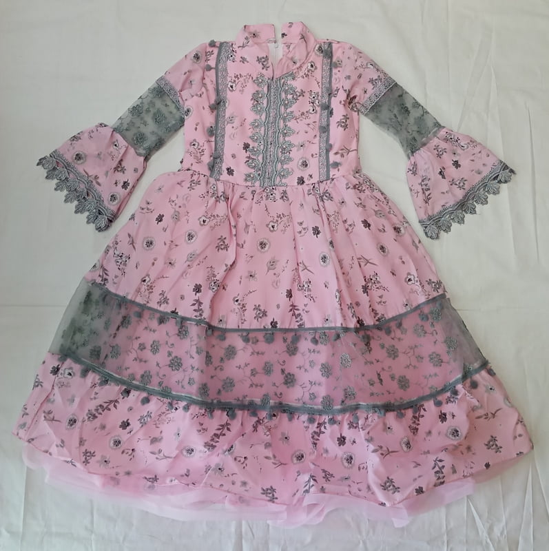Girls Grey Print Long Fancy Frock Girls Grey Print Long Fancy Frock