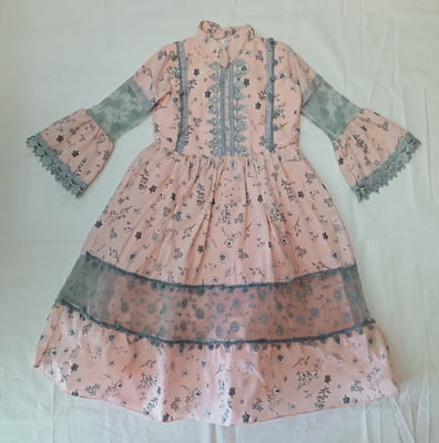Girls Grey Print Peach Long Fancy Frock