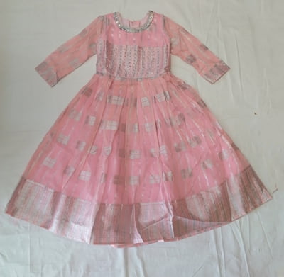 Girls Silver Print Baby Pink Long Fancy Frock