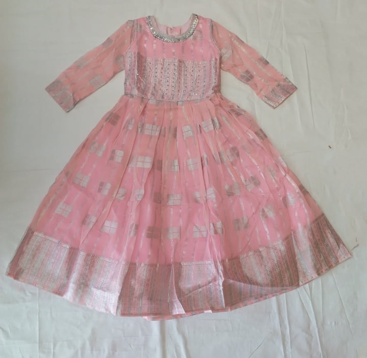 Girls Silver Print Baby Pink Long Fancy Frock Girls Silver Print Baby Pink Long Fancy Frock