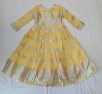Girls Silver Print Lemon Yellow Long Fancy Frock Girls Silver Print Lemon Yellow Long Fancy Frock