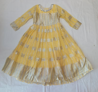 Girls Silver Print Lemon Yellow Long Fancy Frock