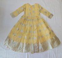 Girls Silver Print Lemon Yellow Long Fancy Frock Girls Silver Print Lemon Yellow Long Fancy Frock